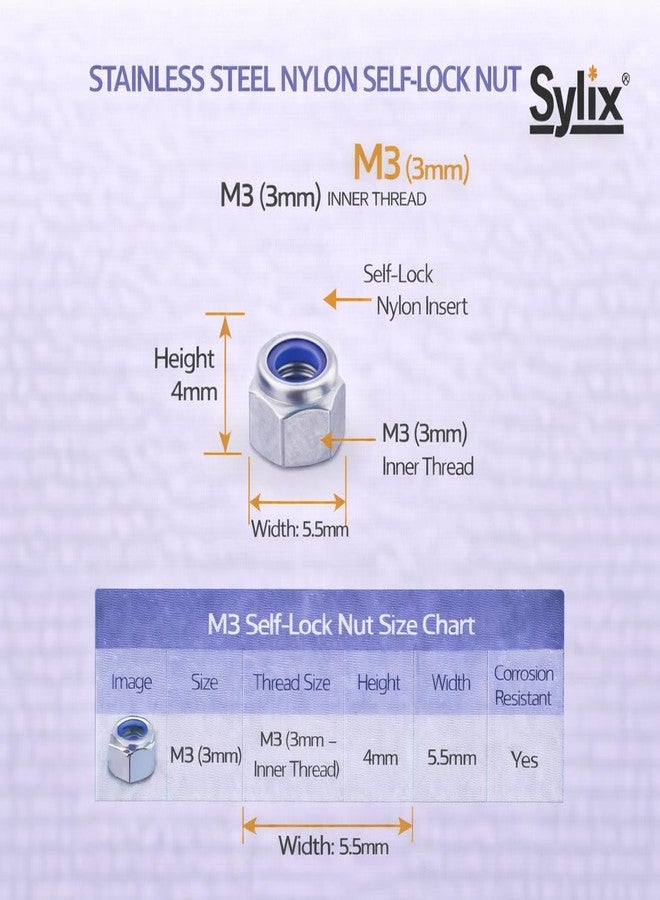SYLIX صواميل قفل ذاتي من النايلون والفولاذ المقاوم للصدأ من نوع SYLIX M3 (عبوة من 50 قطعة) - Image 3